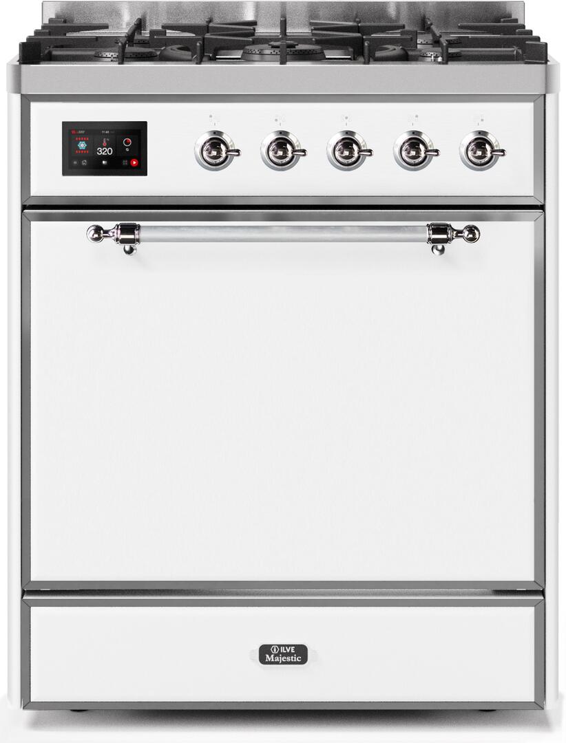 Ilve UM30DQNE3WHC Majestic Ii 30 Inch Dual Fuel Natural Gas Freestanding Range In White With Chrome Trim