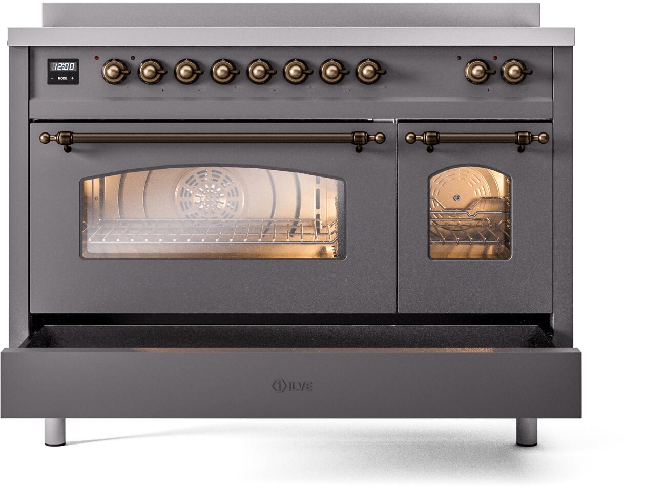 Ilve UPI486NMPMGB Nostalgie Ii 48 Inch Electric Freestanding Range In Matte Graphite With Bronze Trim