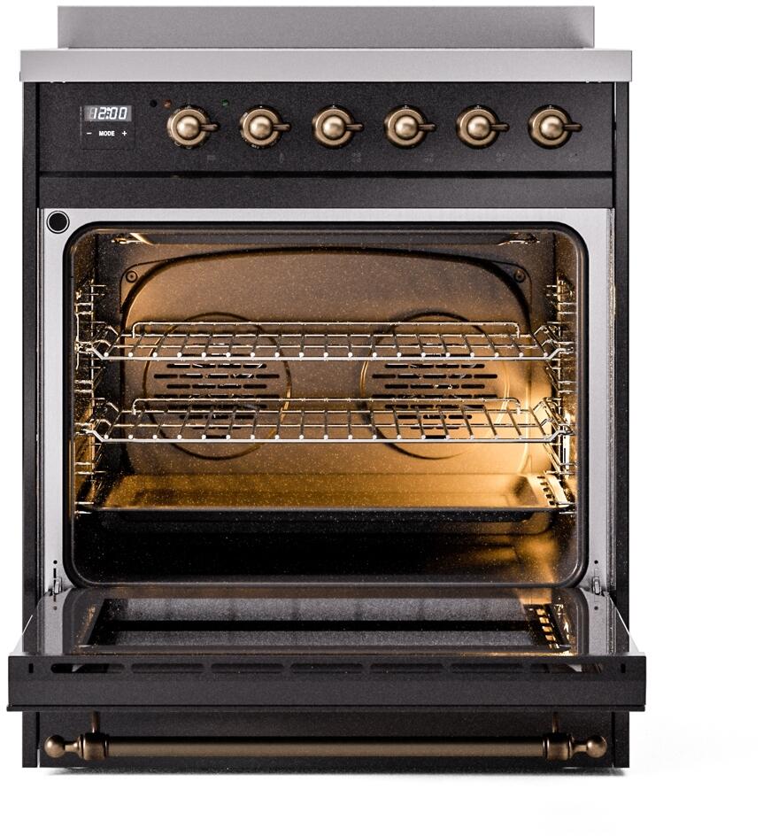 Ilve UPI304NMPBKB Nostalgie Ii 30 Inch Electric Freestanding Range In Glossy Black With Bronze Trim