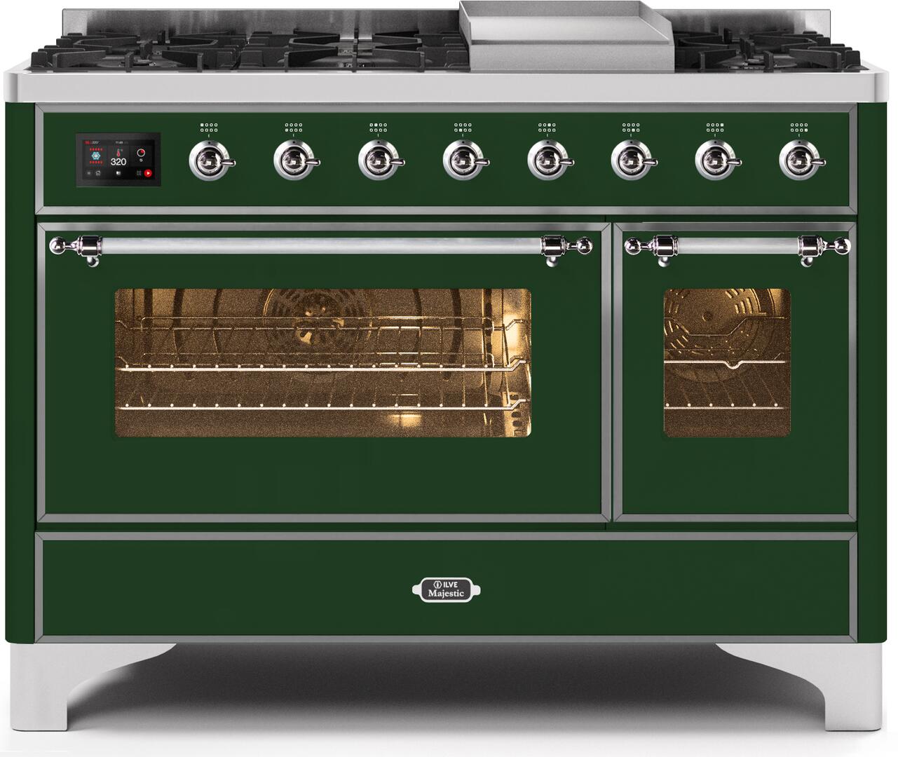 Ilve UM12FDNS3EGC Majestic Ii 48 Inch Dual Fuel Natural Gas Freestanding Range In Emerald Green With Chrome Trim