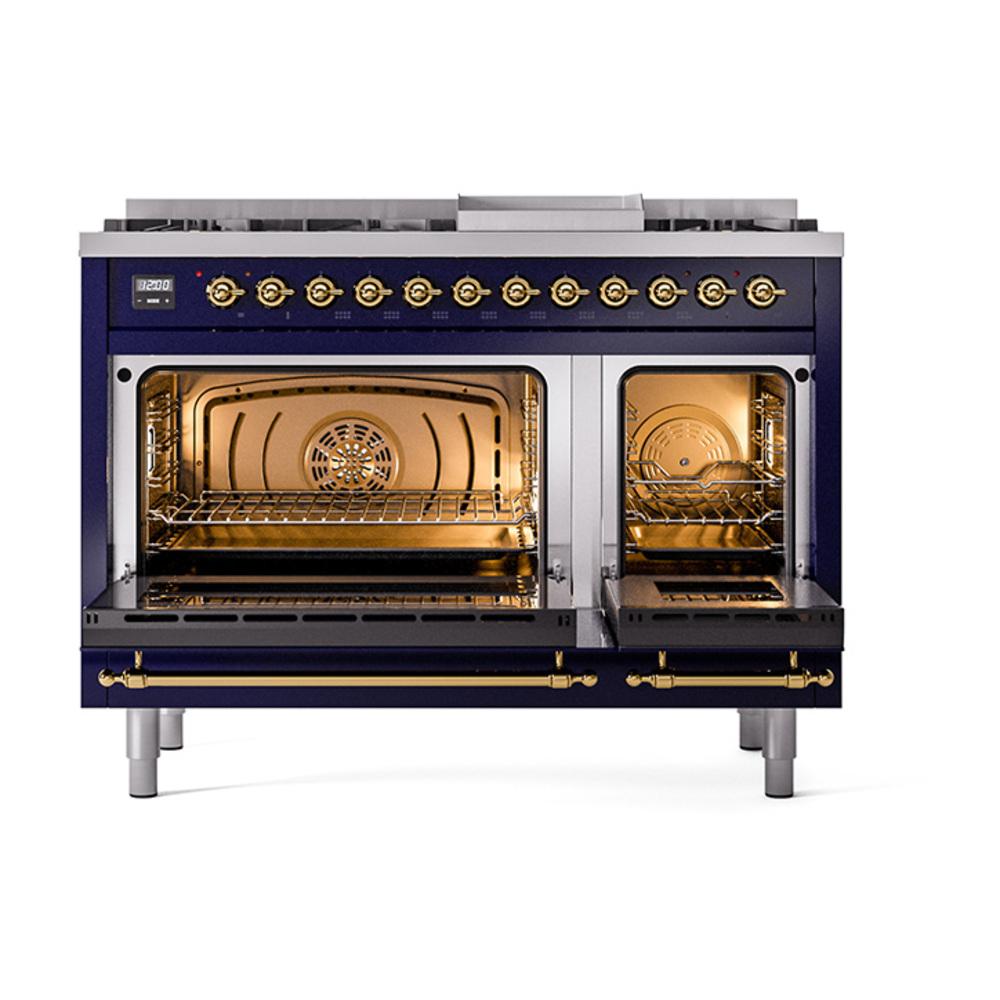 Ilve UN48FNMPMBG Ilve Un48Fnmpmbg Nostalgie Ii Noblesse 48" Dual Fuel Range (8 Sealed Burners + Griddle, Natural Gas, Triple Glass Door, Midnight Blue, Brass)