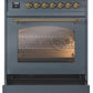 Ilve UP30NMPBGG Nostalgie Ii 30 Inch Dual Fuel Natural Gas Freestanding Range In Blue Grey With Brass Trim