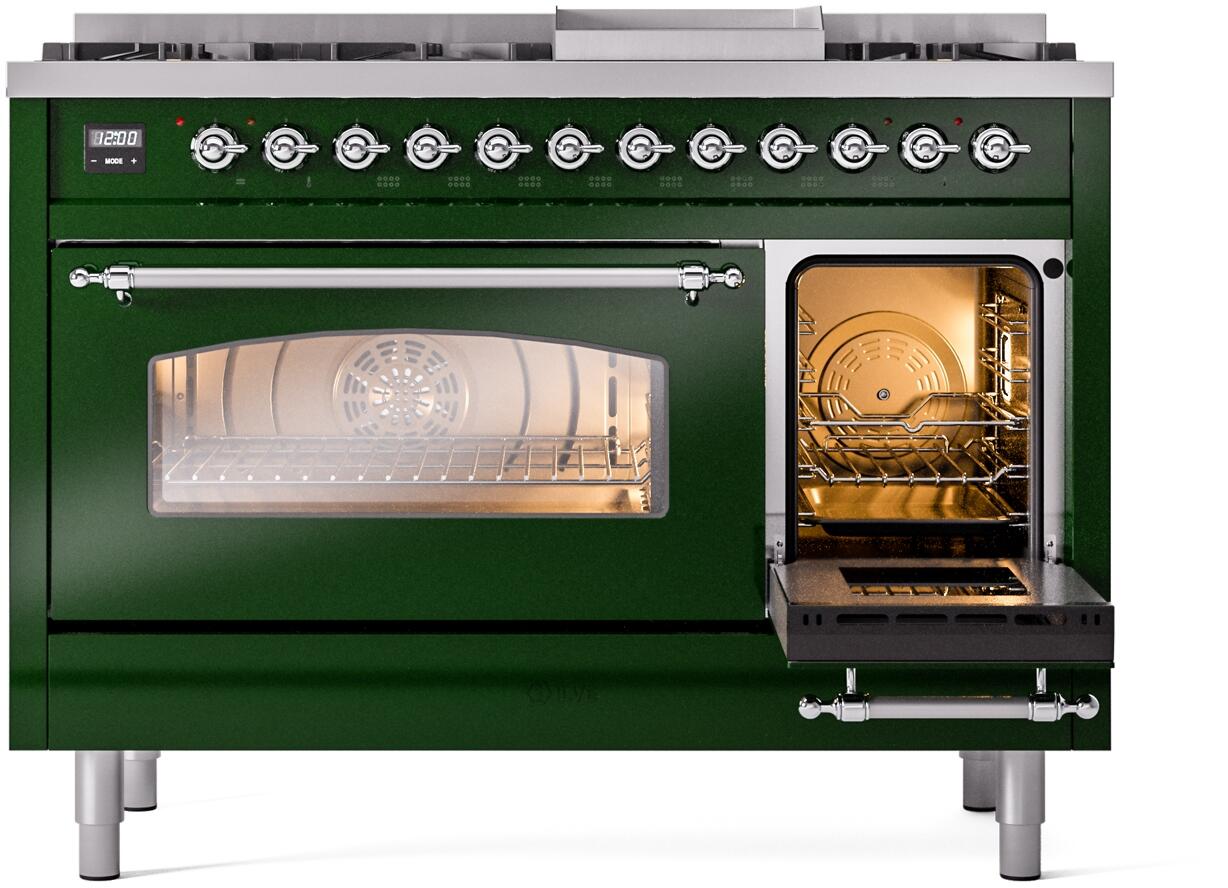 Ilve UP48FNMPEGCLP Nostalgie Ii 48 Inch Dual Fuel Liquid Propane Freestanding Range In Emerald Green With Chrome Trim