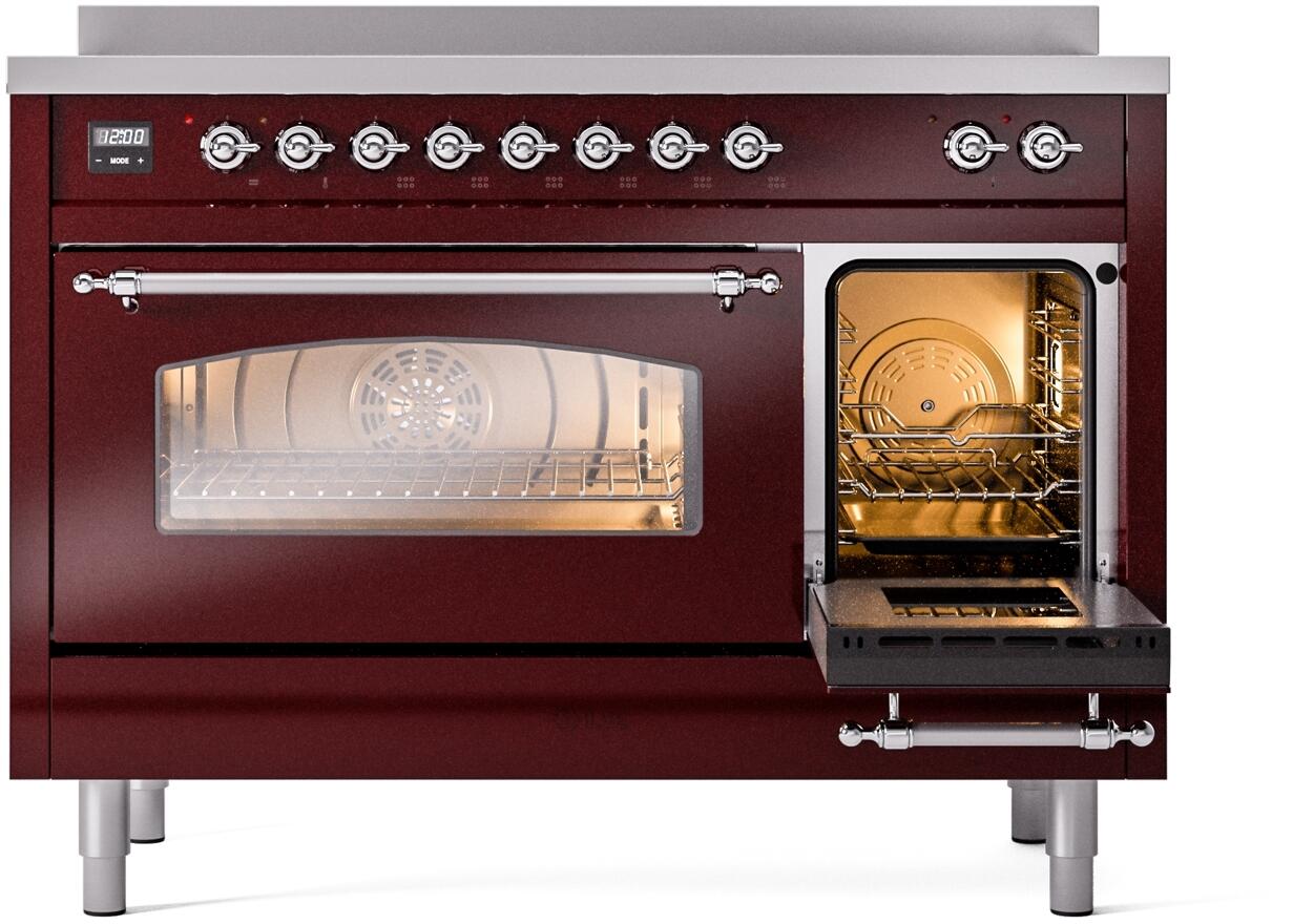 Ilve UPI486NMPBUC Nostalgie Ii 48 Inch Electric Freestanding Range In Burgundy With Chrome Trim