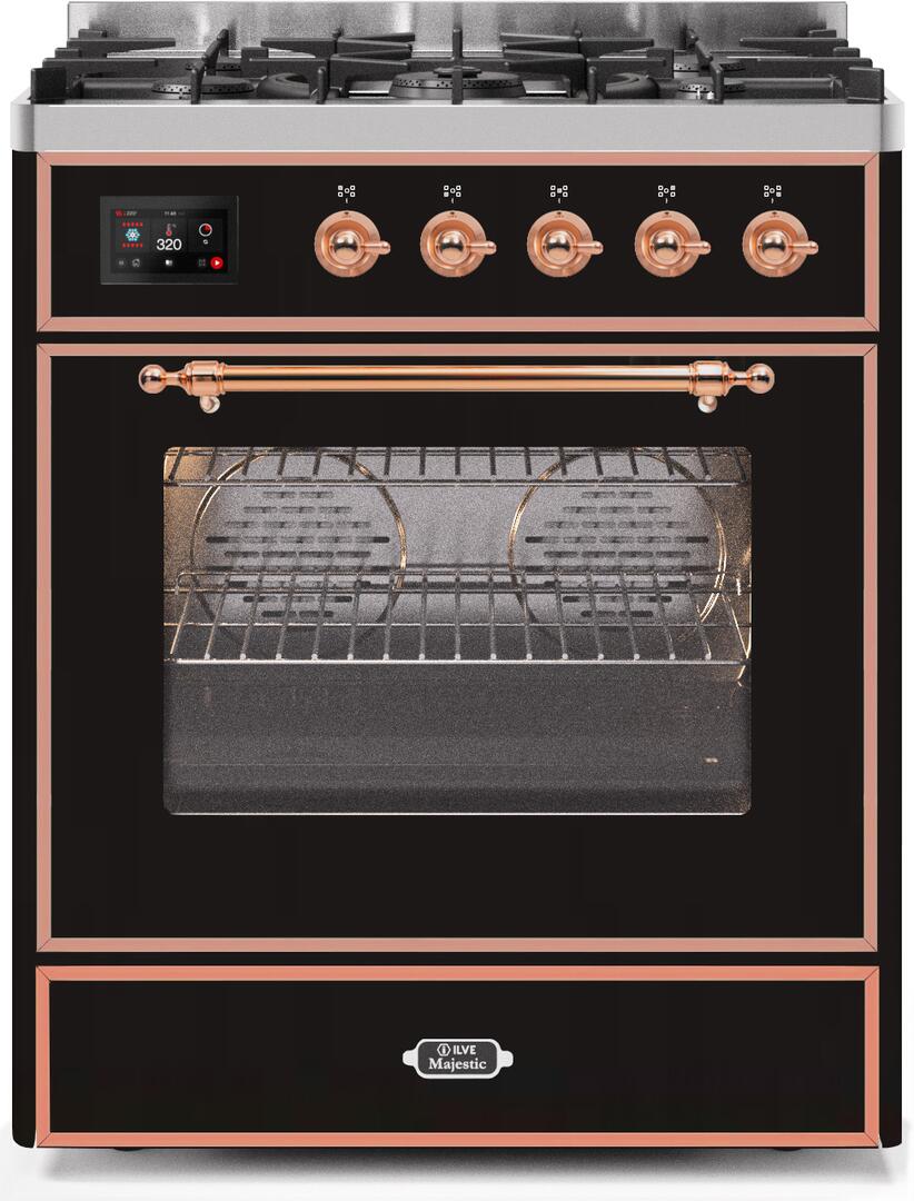 Ilve UM30DNE3BKP Majestic Ii 30 Inch Dual Fuel Natural Gas Freestanding Range In Glossy Black With Copper Trim