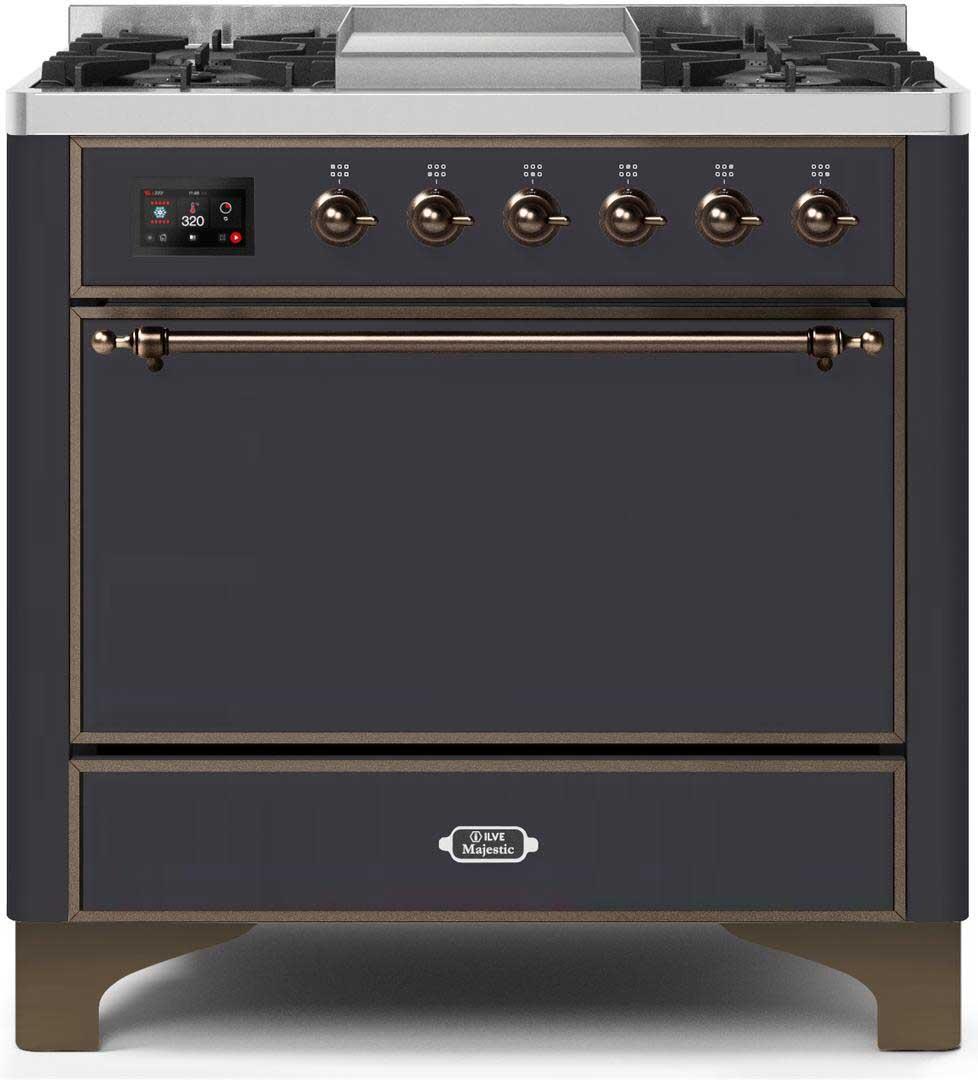 Ilve UM09FDQNS3MGB Majestic Ii 36 Inch Dual Fuel Natural Gas Freestanding Range In Matte Graphite With Bronze Trim