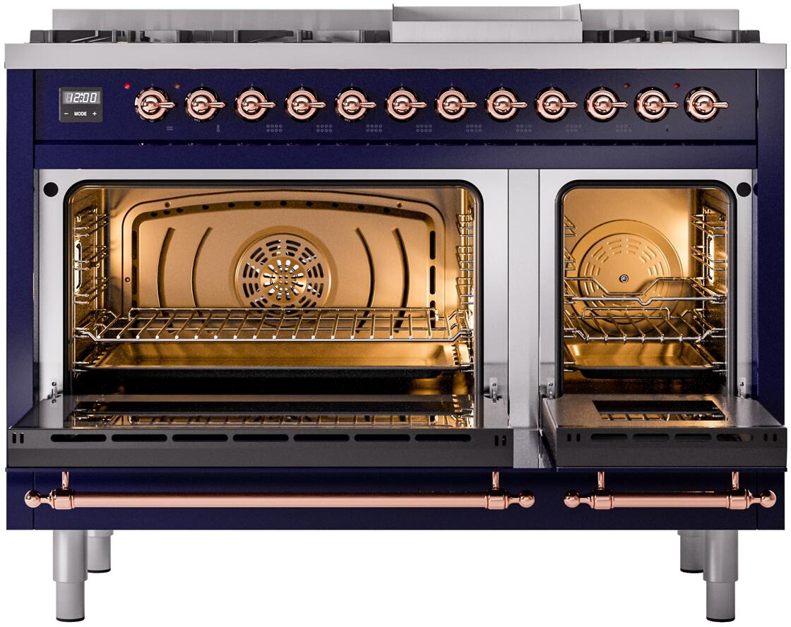 Ilve UP48FNMPMBPLP Nostalgie Ii 48 Inch Dual Fuel Liquid Propane Freestanding Range In Blue With Copper Trim