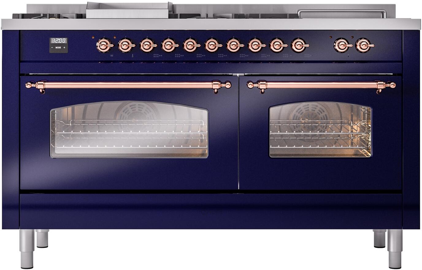 Ilve UP60FSNMPMBP Nostalgie Ii 60 Inch Dual Fuel Natural Gas Freestanding Range In Blue With Copper Trim