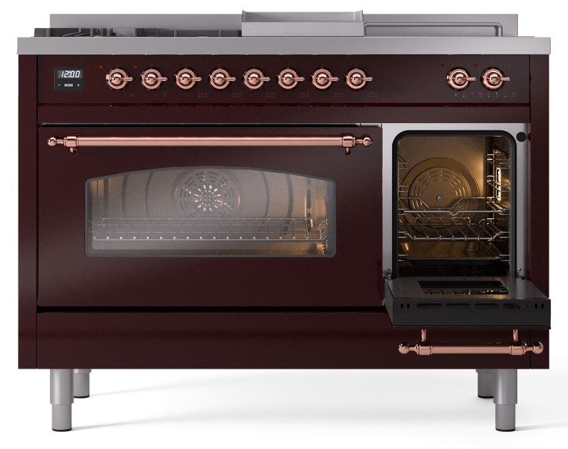 Ilve UP48FSNMPBUPLP Nostalgie Ii 48 Inch Dual Fuel Liquid Propane Freestanding Range In Burgundy With Copper Trim