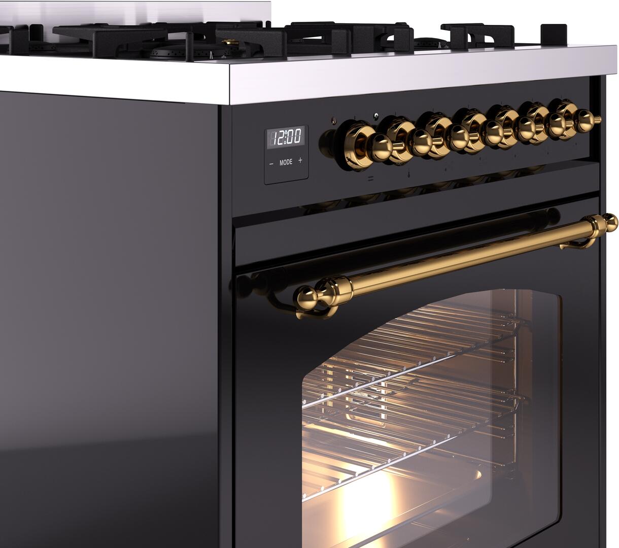 Ilve UP30NMPBKG Nostalgie Ii 30 Inch Dual Fuel Natural Gas Freestanding Range In Glossy Black With Brass Trim