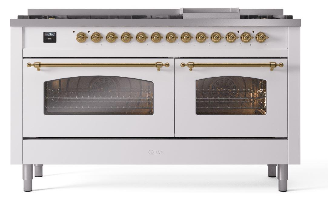 Ilve UP60FNMPWHG Nostalgie Ii 60 Inch Dual Fuel Natural Gas Freestanding Range In White With Brass Trim