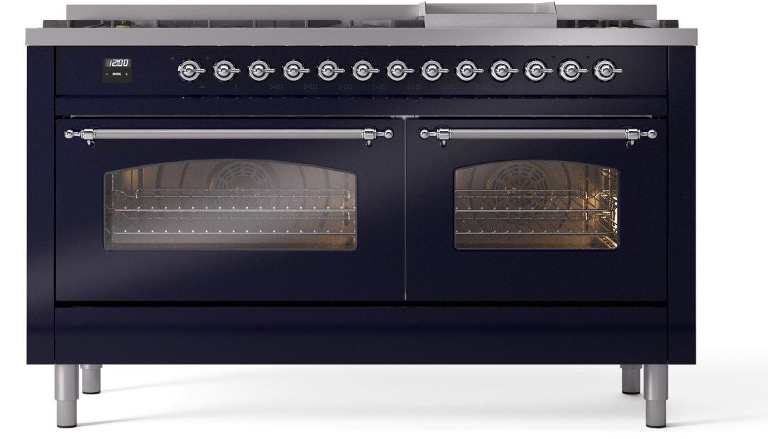 Ilve UP60FNMPMBCLP Nostalgie Ii 60 Inch Dual Fuel Liquid Propane Freestanding Range In Blue With Chrome Trim