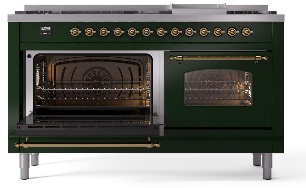 Ilve UP60FNMPEGG Nostalgie Ii 60 Inch Dual Fuel Natural Gas Freestanding Range In Emerald Green With Brass Trim