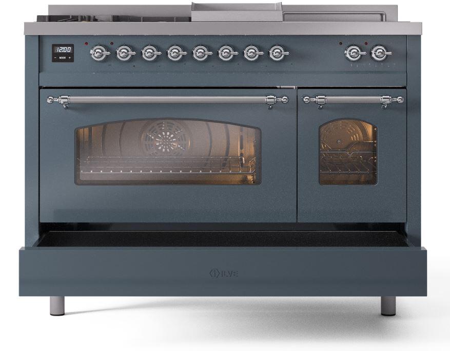 Ilve UP48FSNMPBGCLP Nostalgie Ii 48 Inch Dual Fuel Liquid Propane Freestanding Range In Blue Grey With Chrome Trim