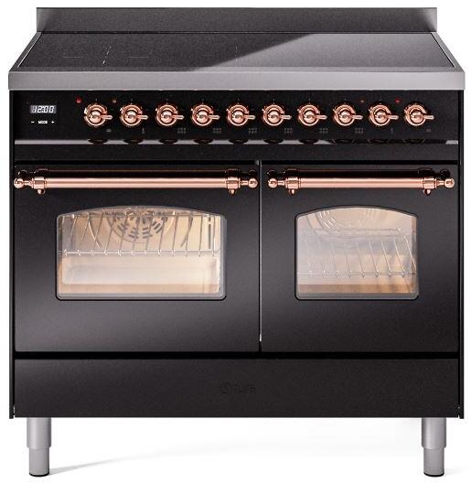 Ilve UPDI406NMPBKP Nostalgie Ii 40 Inch Electric Freestanding Range In Glossy Black With Copper Trim