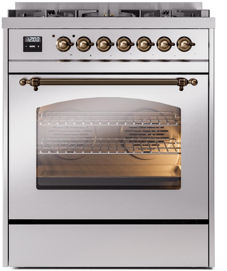 Ilve UP30NMPSSBLP Nostalgie Ii 30 Inch Dual Fuel Liquid Propane Freestanding Range In Stainless Steel With Bronze Trim