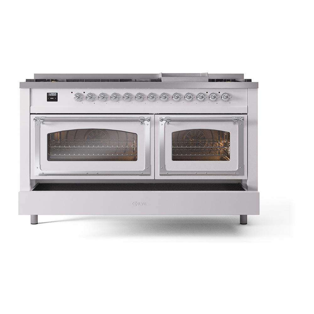 Ilve UN60FNMPWHC Ilve Un60Fnmpwhc Nostalgie Ii Noblesse 60" Dual Fuel Range (9 Sealed Burners + Griddle, Natural Gas, Triple Glass Door, White, Chrome)