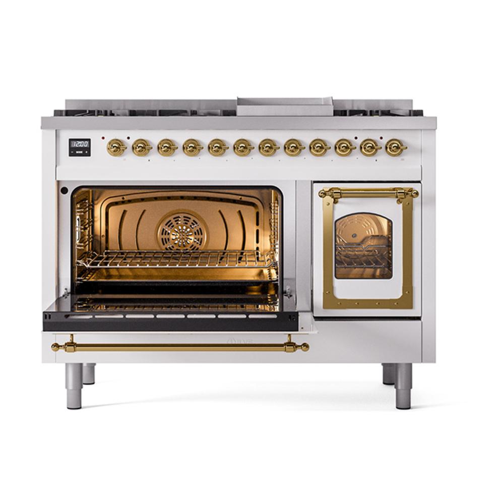 Ilve UN48FNMPWHG Ilve Un48Fnmpwhg Nostalgie Ii Noblesse 48" Dual Fuel Range (8 Sealed Burners + Griddle, Natural Gas, Triple Glass Door, White, Brass)