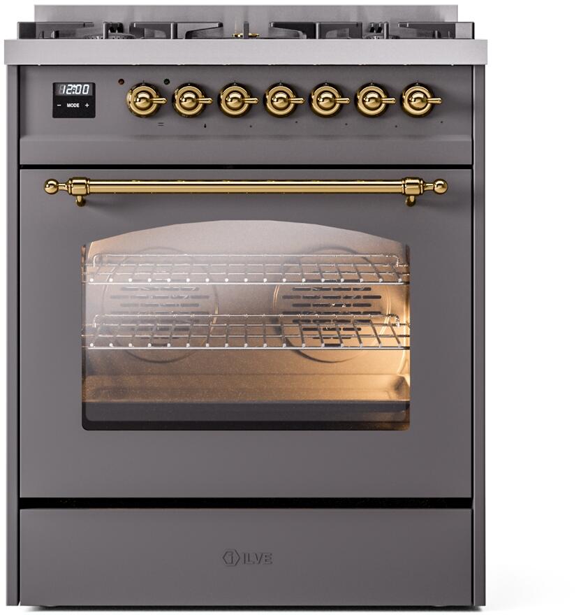 Ilve UP30NMPMGG Nostalgie Ii 30 Inch Dual Fuel Natural Gas Freestanding Range In Matte Graphite With Brass Trim