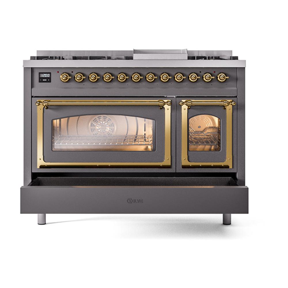 Ilve UN48FNMPMGG Ilve Un48Fnmpmgg Nostalgie Ii Noblesse 48" Dual Fuel Range (8 Sealed Burners + Griddle, Natural Gas, Triple Glass Door, Graphite Matte, Brass)