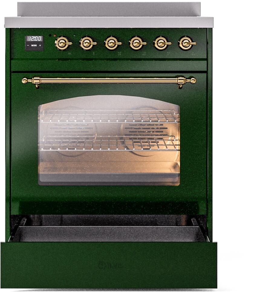 Ilve UPI304NMPEGG Nostalgie Ii 30 Inch Electric Freestanding Range In Emerald Green With Brass Trim