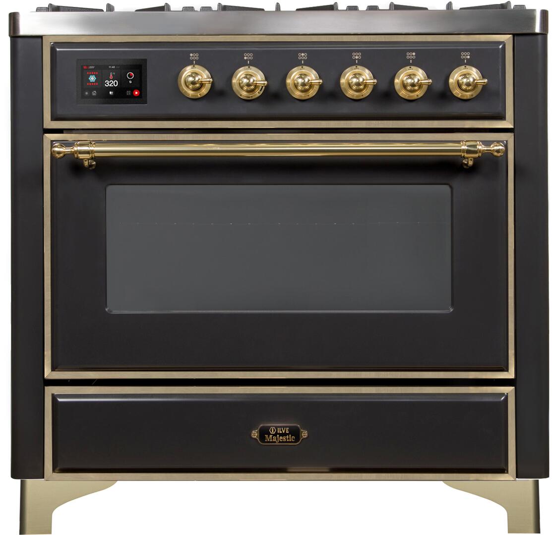 Ilve UM09FDNS3MGGLP Majestic Ii 36 Inch Dual Fuel Liquid Propane Freestanding Range In Matte Graphite With Brass Trim