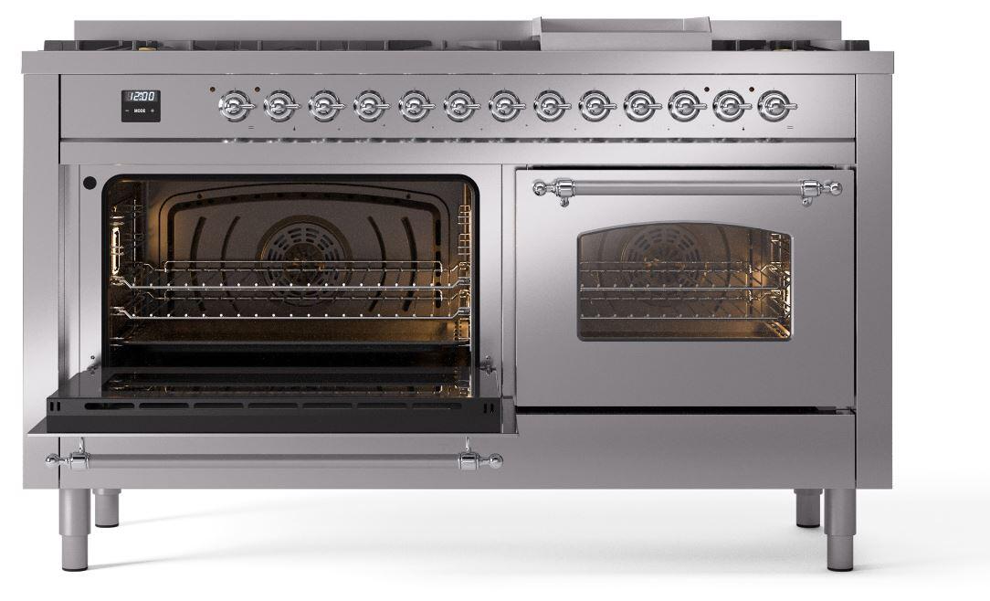 Ilve UP60FNMPSSC Nostalgie Ii 60 Inch Dual Fuel Natural Gas Freestanding Range In Stainless Steel With Chrome Trim