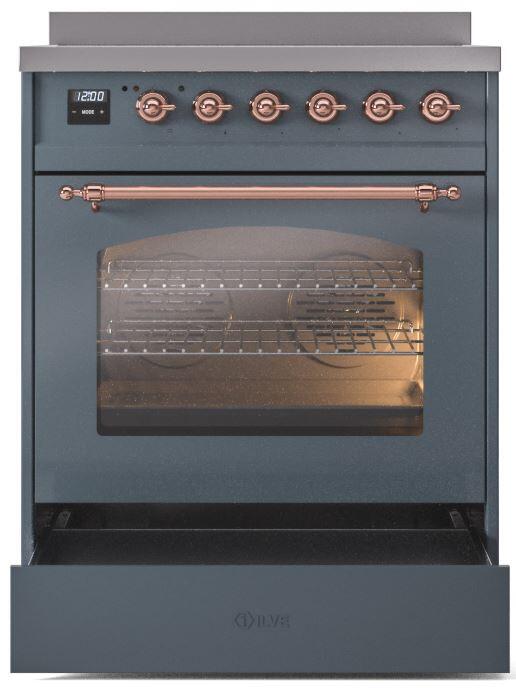 Ilve UPI304NMPBGP Nostalgie Ii 30 Inch Electric Freestanding Range In Blue Grey With Copper Trim