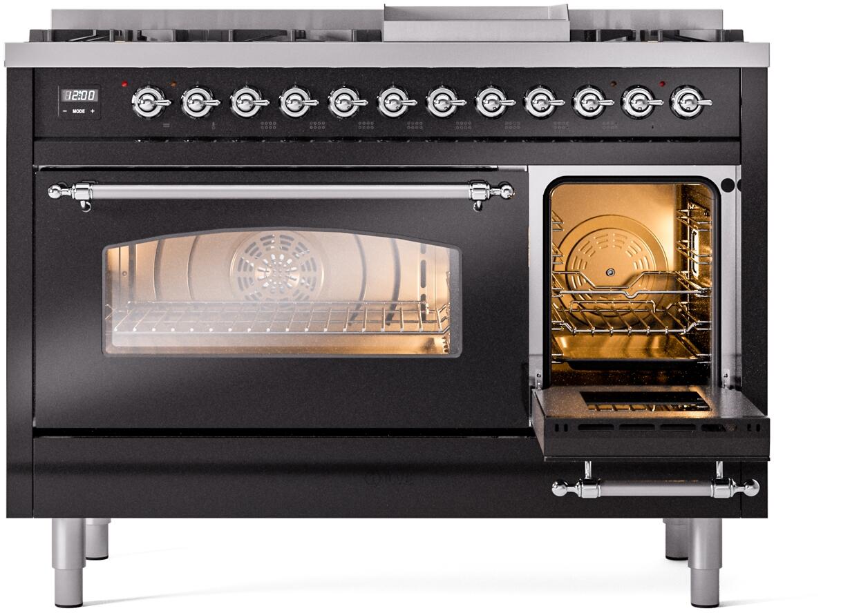 Ilve UP48FNMPBKC Nostalgie Ii 48 Inch Dual Fuel Natural Gas Freestanding Range In Glossy Black With Chrome Trim