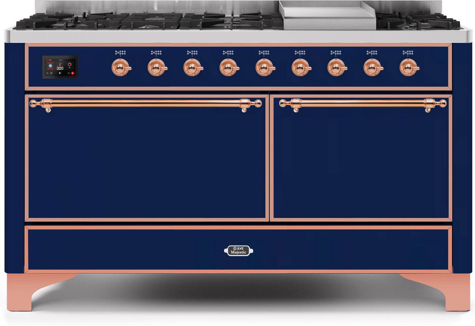 Ilve UM15FDQNS3MBPLP Majestic Ii 60 Inch Dual Fuel Liquid Propane Freestanding Range In Midnight Blue With Copper Trim