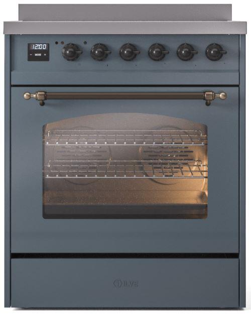 Ilve UPI304NMPBGB Nostalgie Ii 30 Inch Electric Freestanding Range In Blue Grey With Bronze Trim