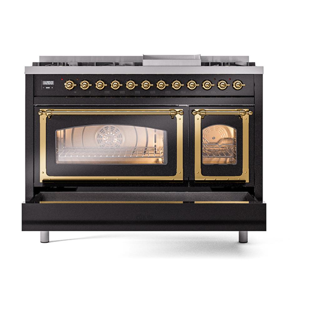 Ilve UN48FNMPBKG Ilve Un48Fnmpbkg Nostalgie Ii Noblesse 48" Dual Fuel Range (8 Sealed Burners + Griddle, Natural Gas, Triple Glass Door, Glossy Black, Brass)