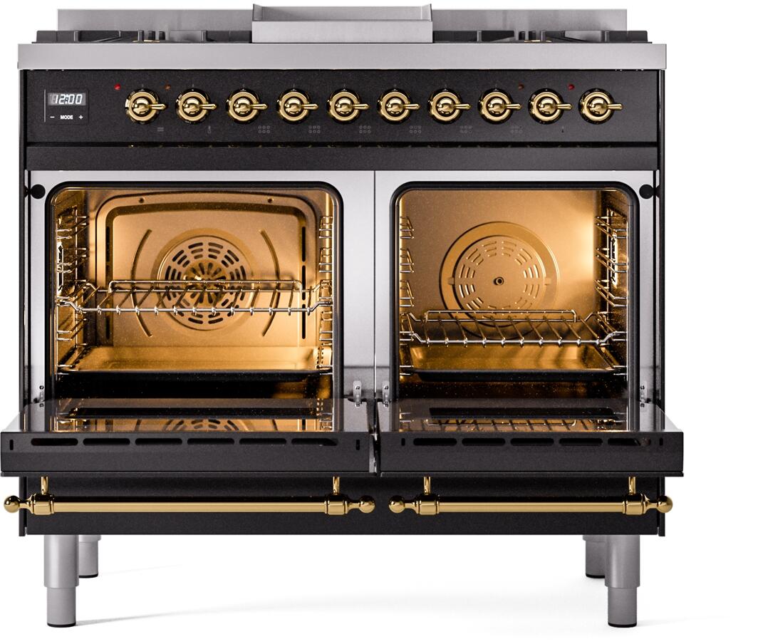 Ilve UPD40FNMPBKGLP Nostalgie Ii 40 Inch Dual Fuel Liquid Propane Freestanding Range In Glossy Black With Brass Trim