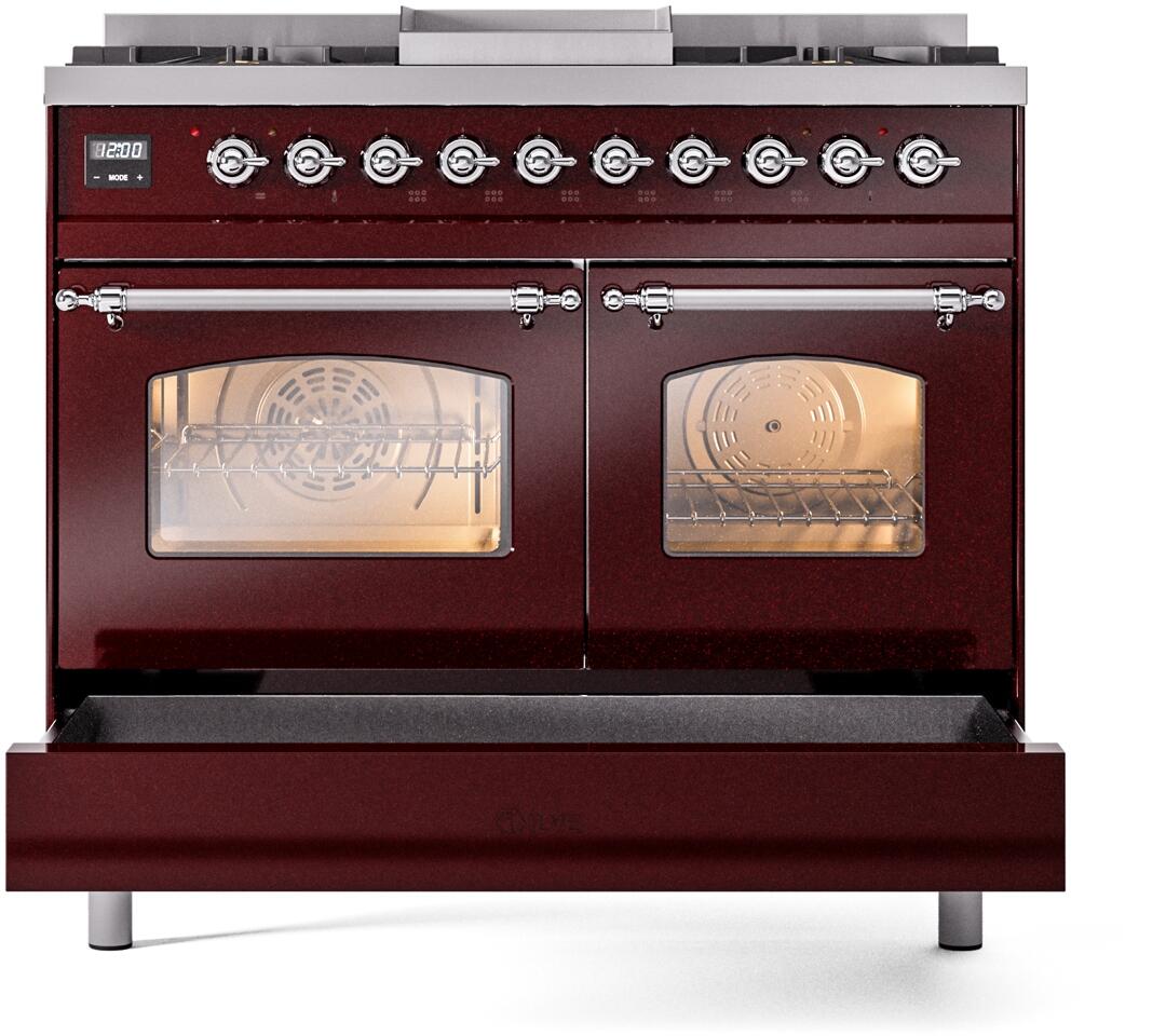 Ilve UPD40FNMPBUC Nostalgie Ii 40 Inch Dual Fuel Natural Gas Freestanding Range In Burgundy With Chrome Trim