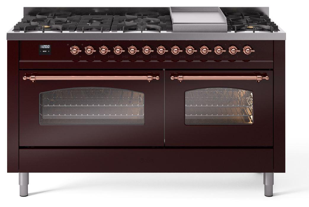 Ilve UP60FNMPBUP Nostalgie Ii 60 Inch Dual Fuel Natural Gas Freestanding Range In Burgundy With Copper Trim