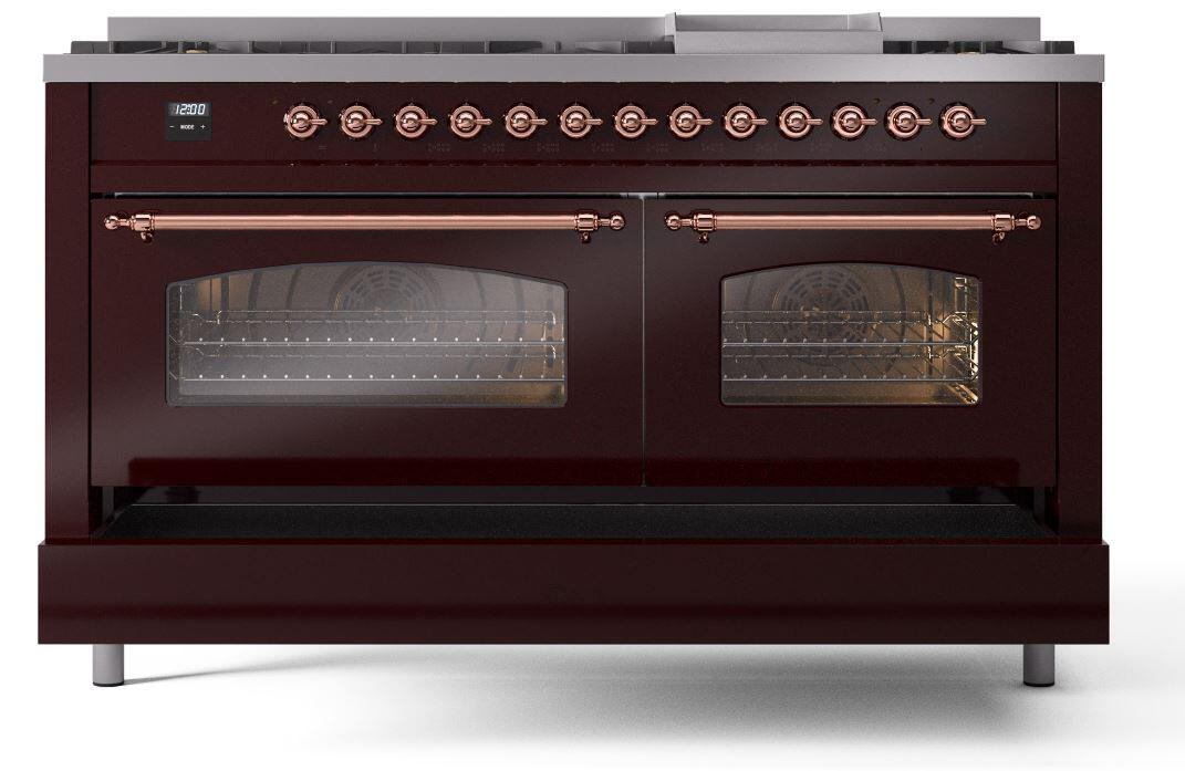 Ilve UP60FNMPBUPLP Nostalgie Ii 60 Inch Dual Fuel Liquid Propane Freestanding Range In Burgundy With Copper Trim