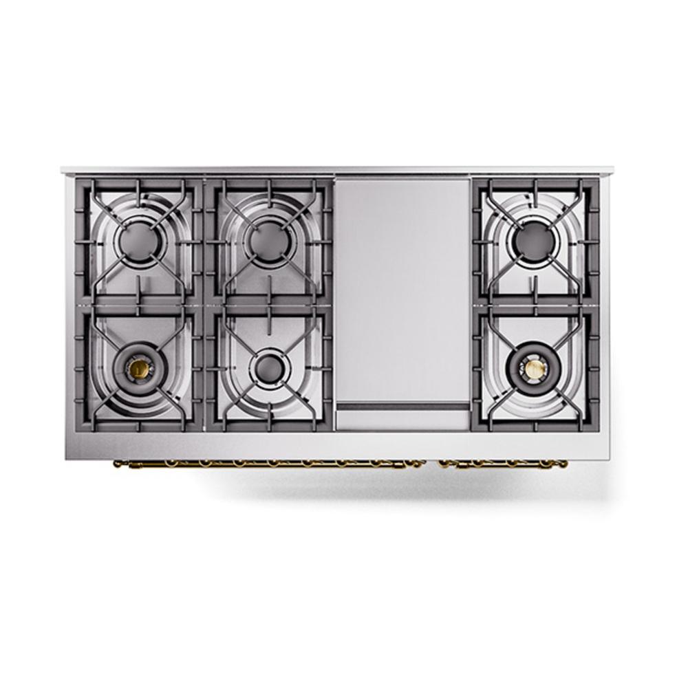 Ilve UN48FNMPBGG Ilve Un48Fnmpbgg Nostalgie Ii Noblesse 48" Dual Fuel Range (8 Sealed Burners + Griddle, Natural Gas, Triple Glass Door, Blue Grey, Brass)