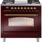 Ilve UP36FNMPBUGLP Nostalgie Ii 36 Inch Dual Fuel Liquid Propane Freestanding Range In Burgundy With Brass Trim