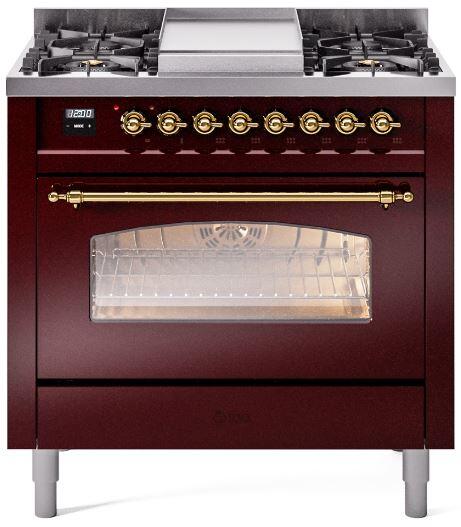 Ilve UP36FNMPBUGLP Nostalgie Ii 36 Inch Dual Fuel Liquid Propane Freestanding Range In Burgundy With Brass Trim