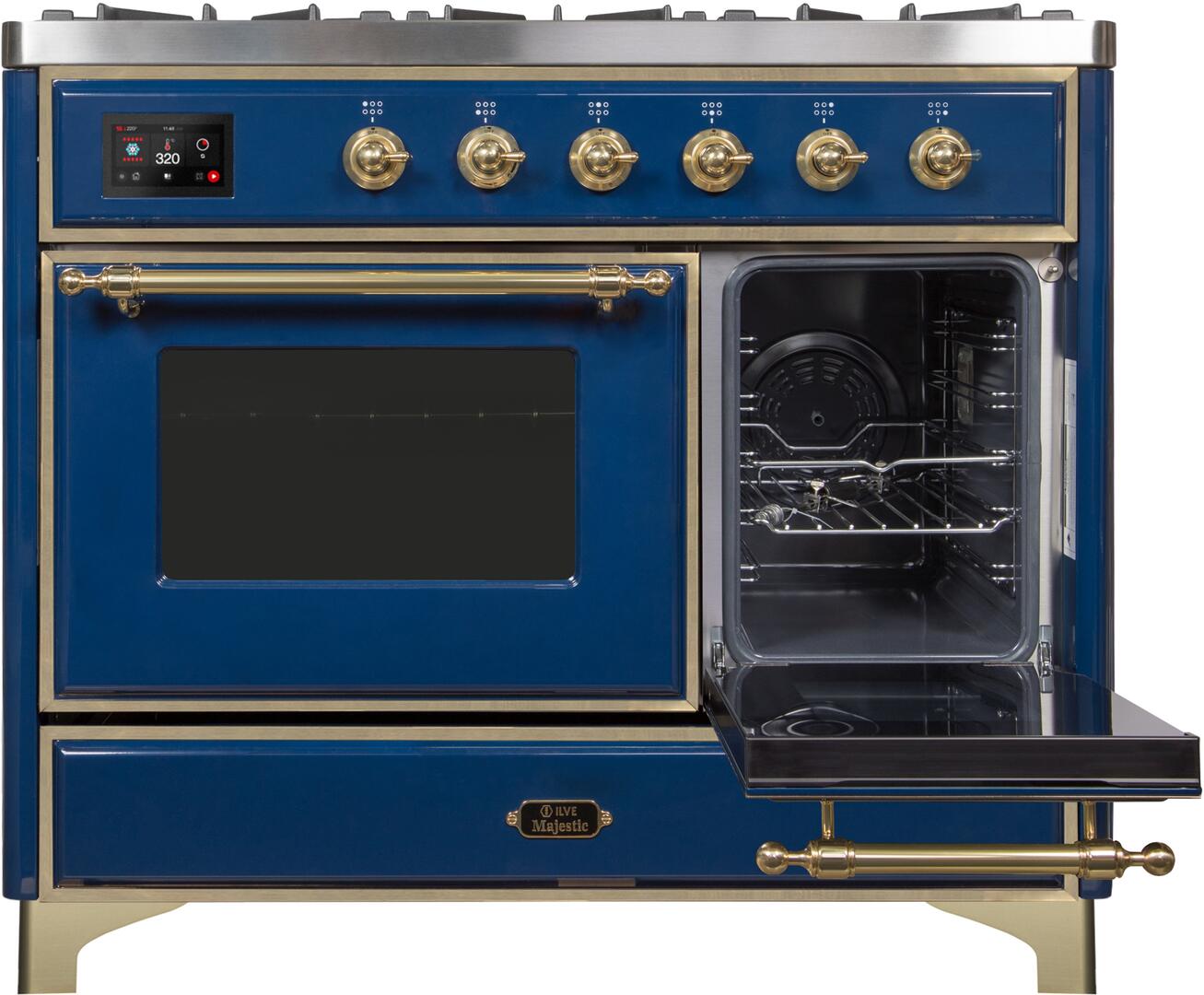 Ilve UMD10FDNS3MBGLP Majestic Ii 40 Inch Dual Fuel Liquid Propane Freestanding Range In Blue With Brass Trim