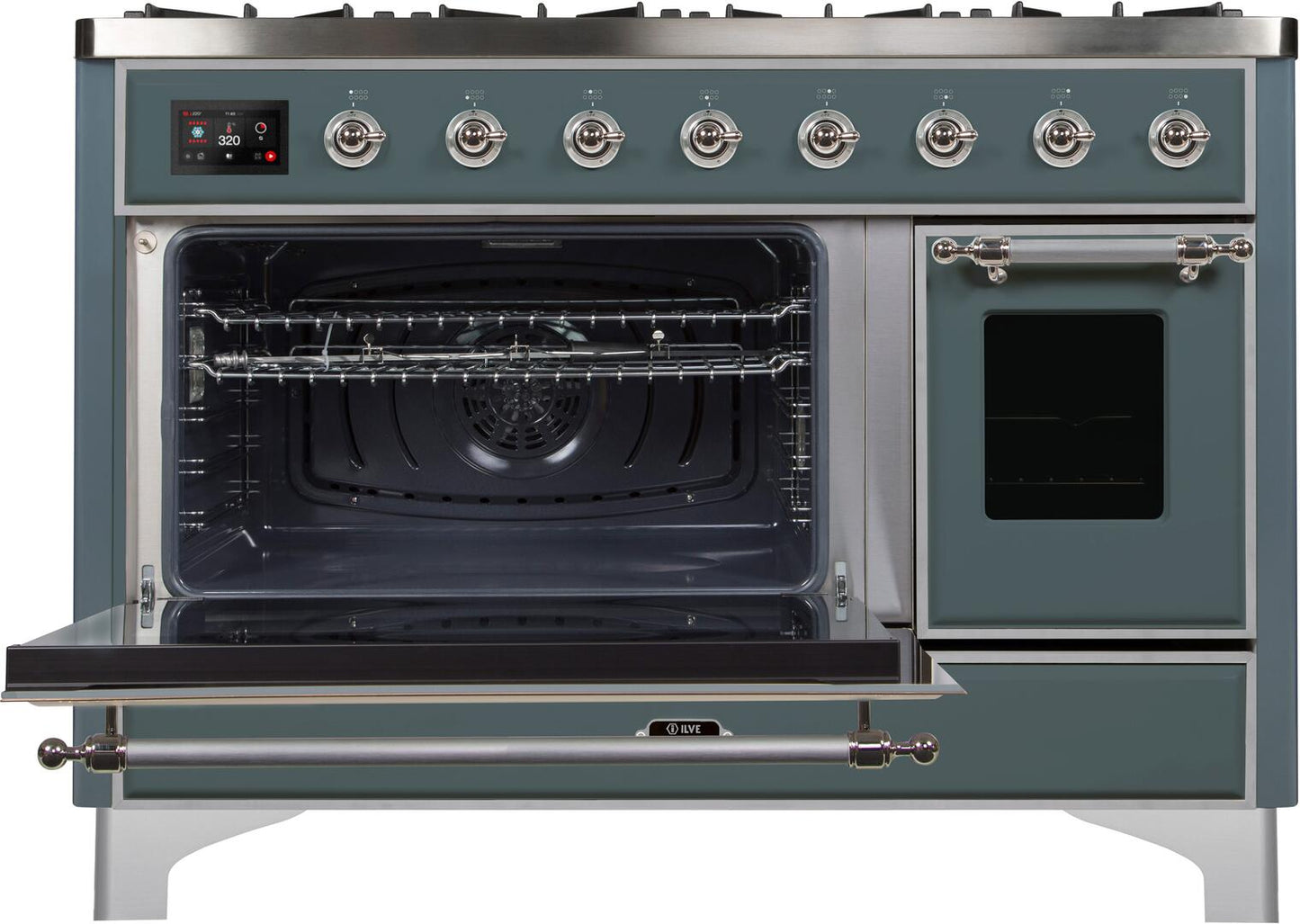 Ilve UM12FDNS3BGCLP Majestic Ii 48 Inch Dual Fuel Liquid Propane Freestanding Range In Blue Grey With Chrome Trim