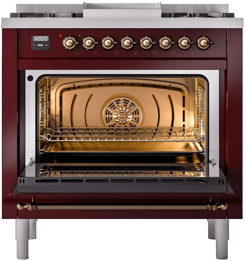 Ilve UP36FNMPBUB Nostalgie Ii 36 Inch Dual Fuel Natural Gas Freestanding Range In Burgundy With Bronze Trim