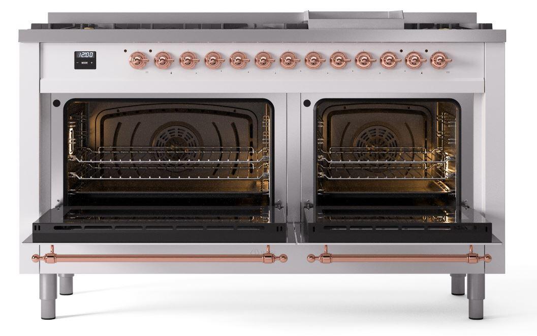 Ilve UP60FNMPWHPLP Nostalgie Ii 60 Inch Dual Fuel Liquid Propane Freestanding Range In White With Copper Trim