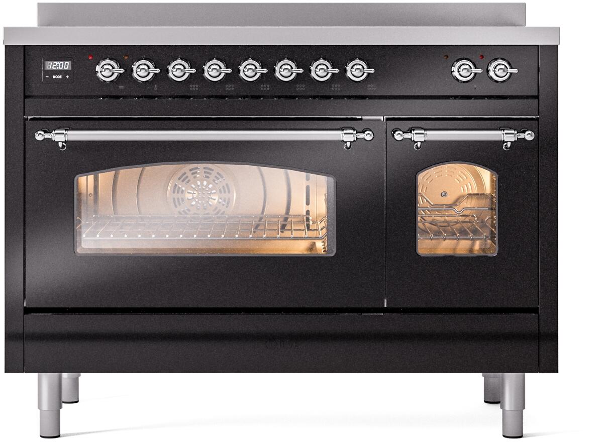 Ilve UPI486NMPBKC Nostalgie Ii 48 Inch Electric Freestanding Range In Glossy Black With Chrome Trim