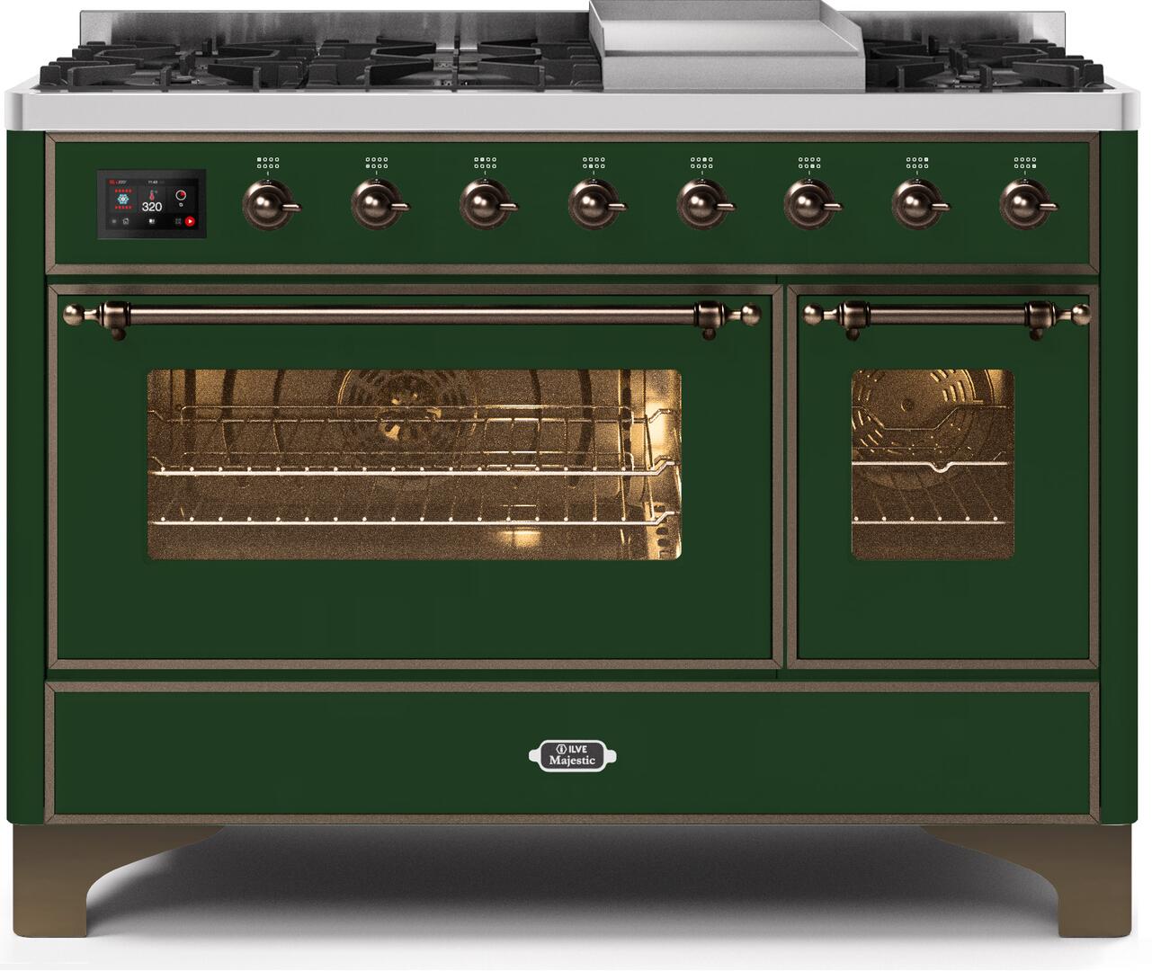 Ilve UM12FDNS3EGB Majestic Ii 48 Inch Dual Fuel Natural Gas Freestanding Range In Emerald Green With Bronze Trim