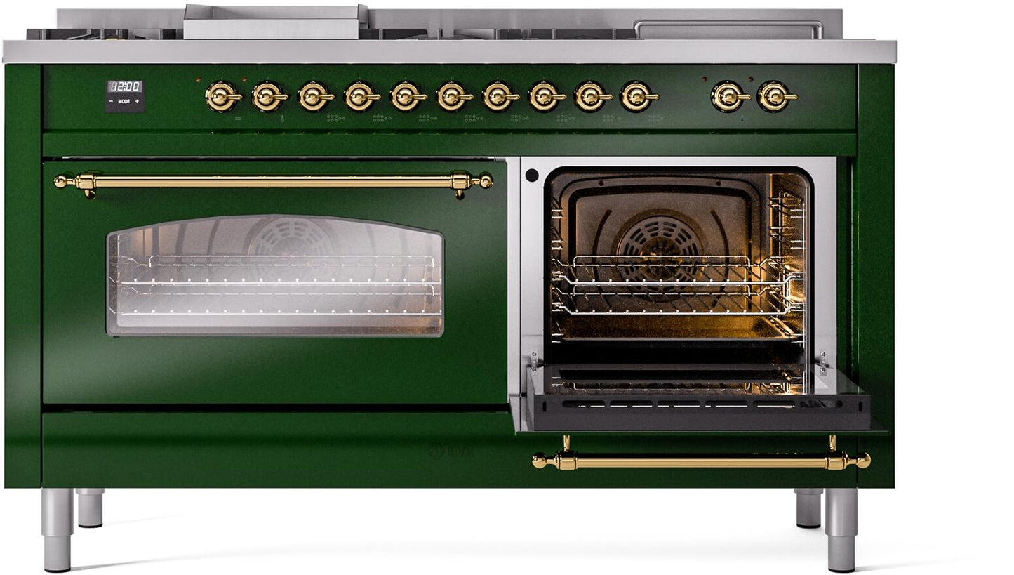 Ilve UP60FSNMPEGGLP Nostalgie Ii 60 Inch Dual Fuel Liquid Propane Freestanding Range In Emerald Green With Brass Trim