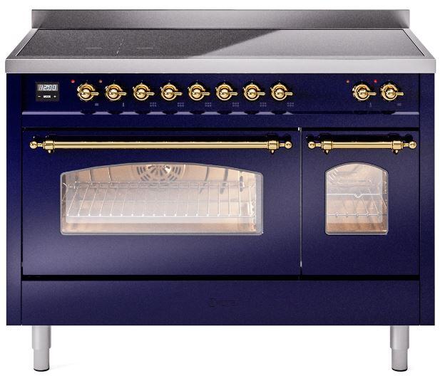 Ilve UPI486NMPMBG Nostalgie Ii 48 Inch Electric Freestanding Range In Blue With Brass Trim