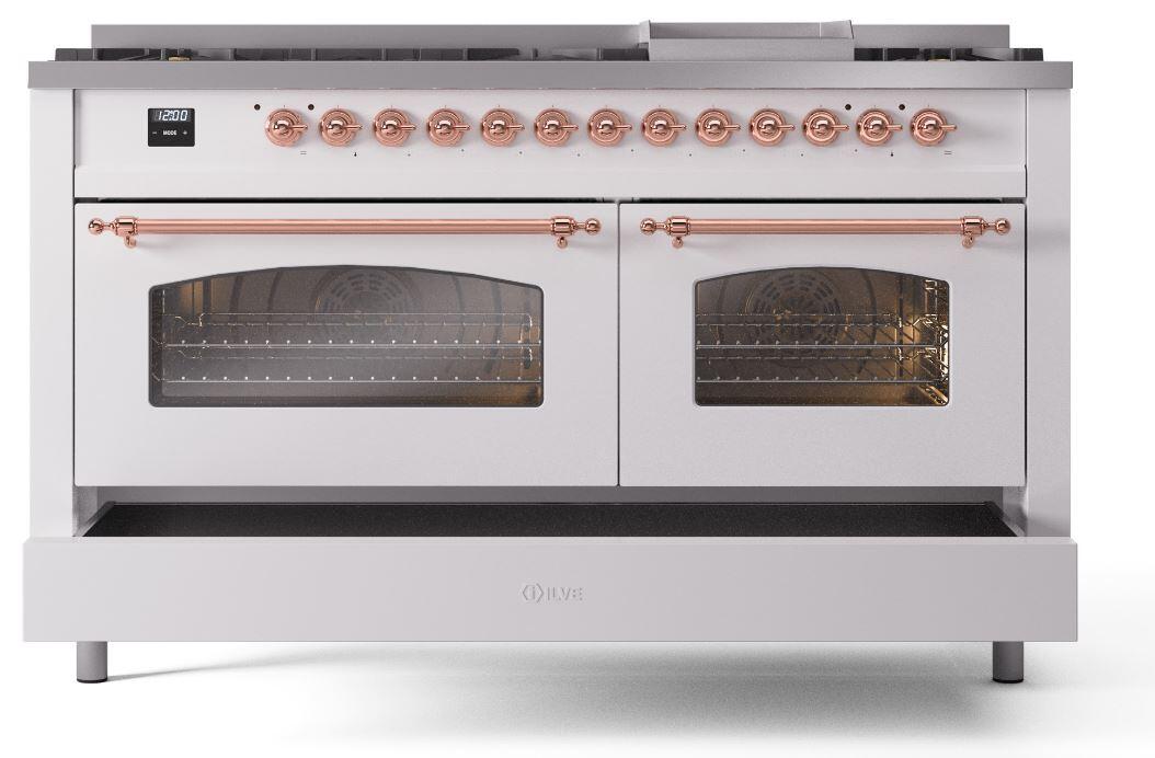 Ilve UP60FNMPWHPLP Nostalgie Ii 60 Inch Dual Fuel Liquid Propane Freestanding Range In White With Copper Trim