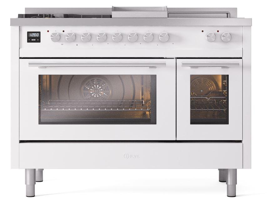 Ilve UP48FSWMPWHLP Professional Plus Ii 48 Inch Dual Fuel Liquid Propane Freestanding Range In White With Trim