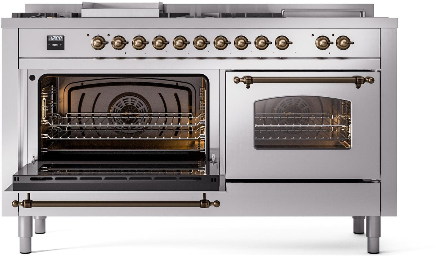 Ilve UP60FSNMPSSBLP Nostalgie Ii 60 Inch Dual Fuel Liquid Propane Freestanding Range In Stainless Steel With Bronze Trim